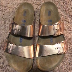 Rose gold Birkenstock Arizona sandals